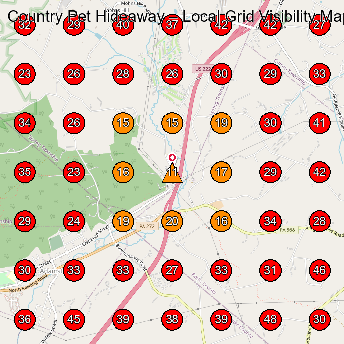 Country Pet Hideaway GeoGrid visibility map for Roofing Contractor in Wernersville